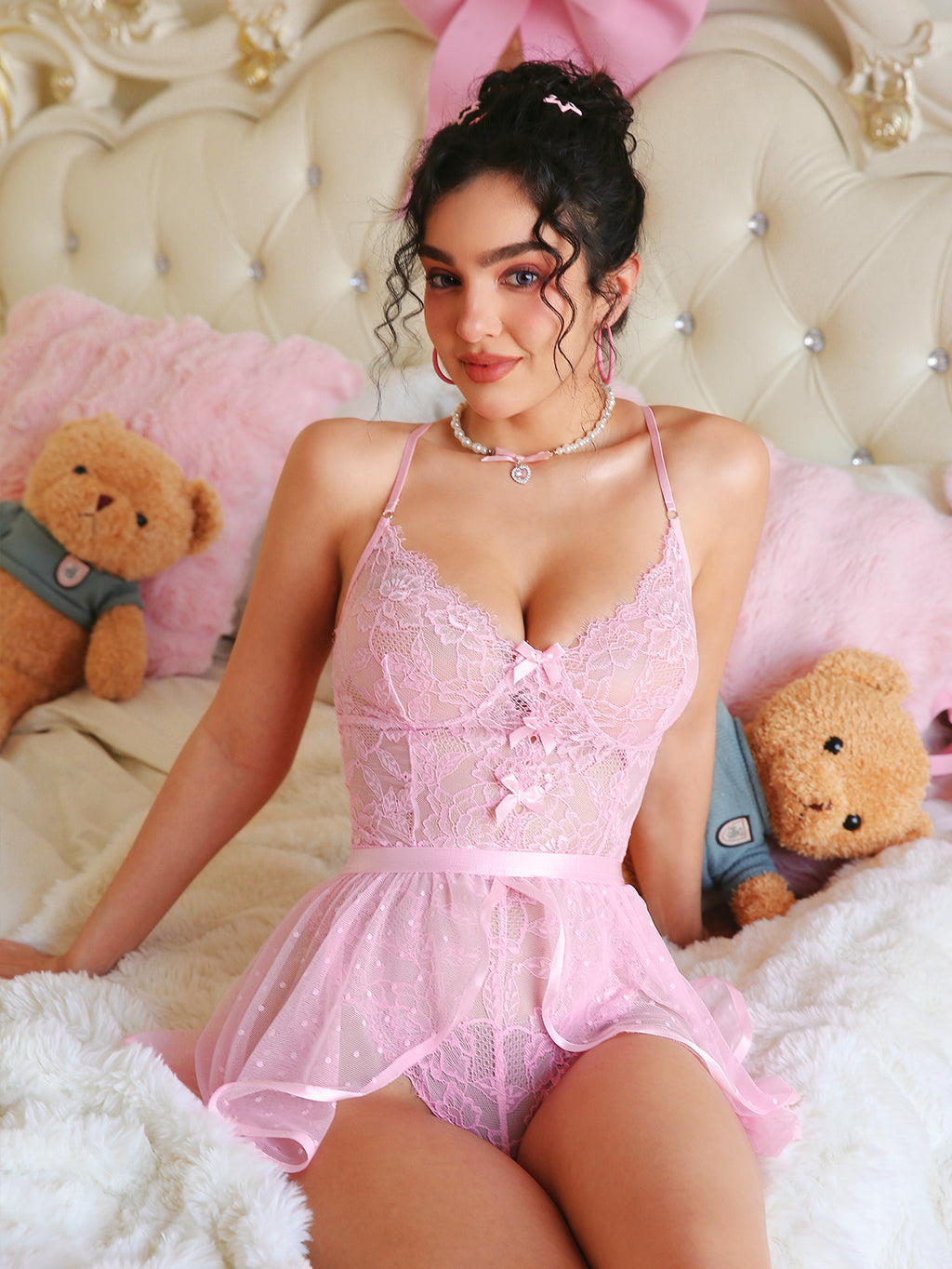 WYS24158 Pink Lace Tulle Babydoll Lingerie Set