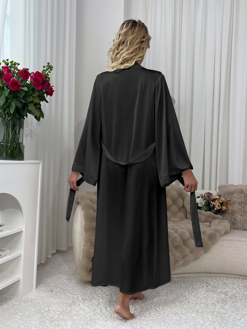 WF211 Satin Bridal Robe - Luxury Silky Long Kimono Robe for Wedding Night