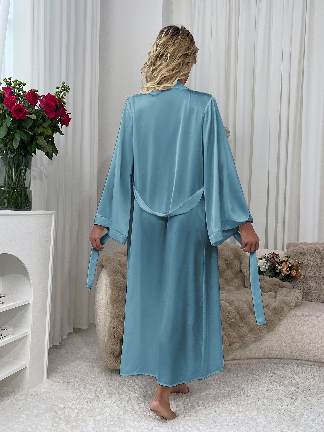 WF211 Satin Bridal Robe - Luxury Silky Long Kimono Robe for Wedding Night