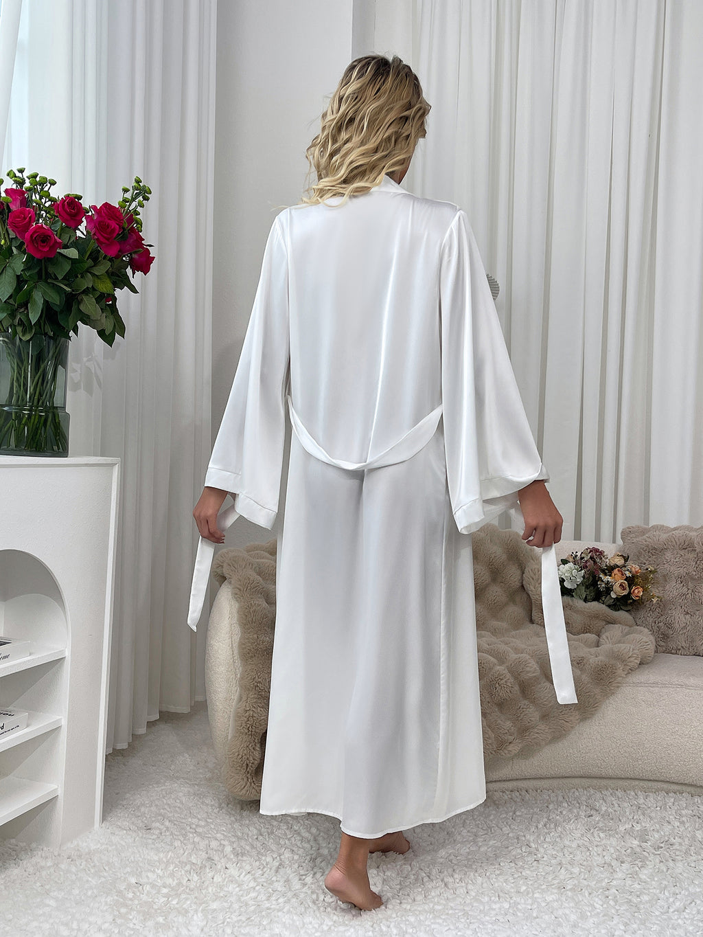 WF211 Satin Bridal Robe - Luxury Silky Long Kimono Robe for Wedding Night
