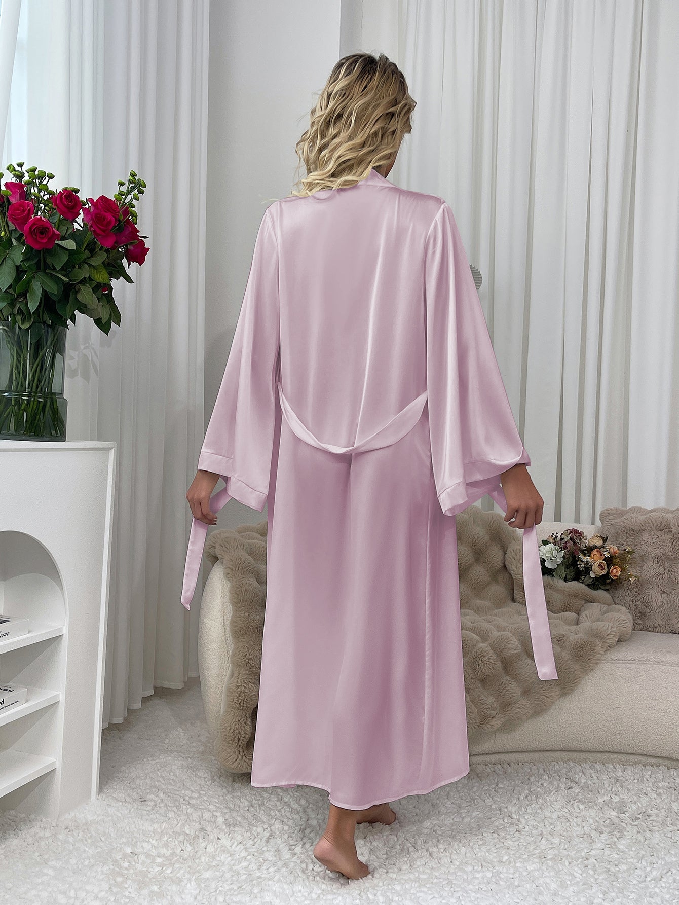 WF211 Satin Bridal Robe - Luxury Silky Long Kimono Robe for Wedding Night