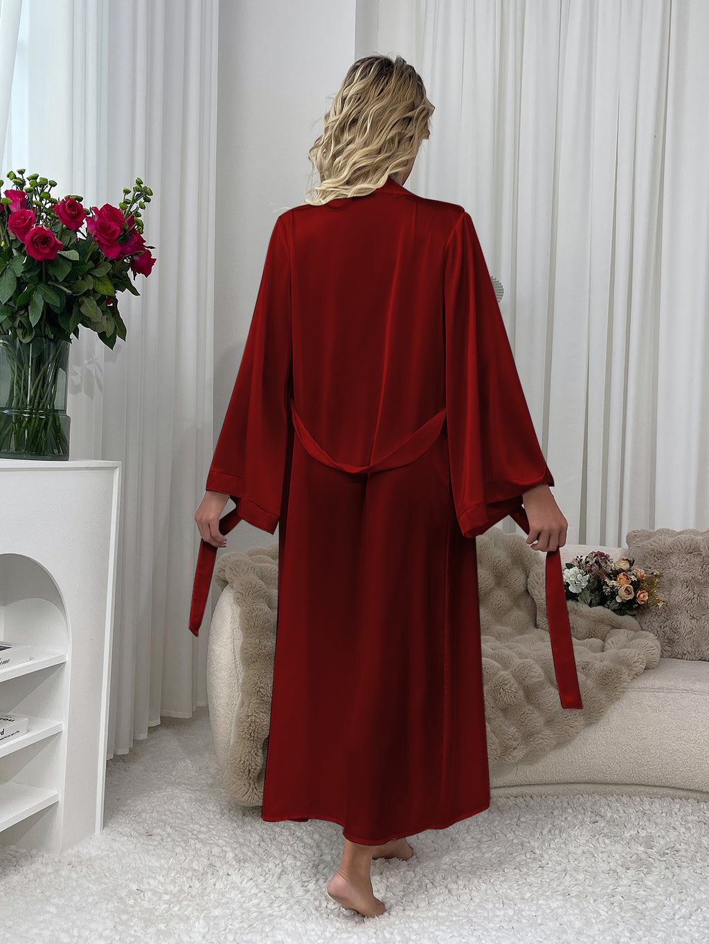 WF211 Satin Bridal Robe - Luxury Silky Long Kimono Robe for Wedding Night