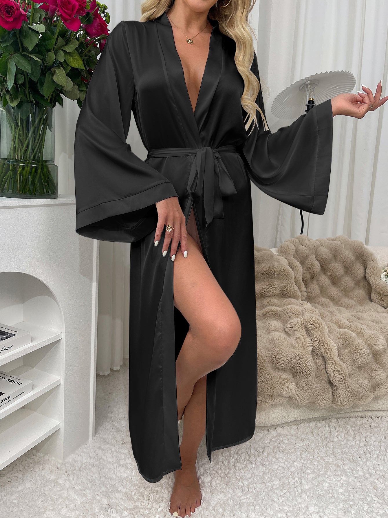 WF211 Satin Bridal Robe - Luxury Silky Long Kimono Robe for Wedding Night