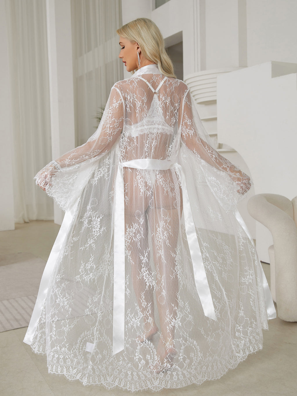 WF677-Sheer Lace Robe 2-Piece Set