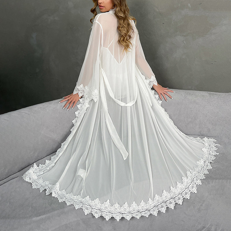 WF846 White Lace Bridal Robe Set - Sheer Chiffon Kimono & Satin Slip Nightgown