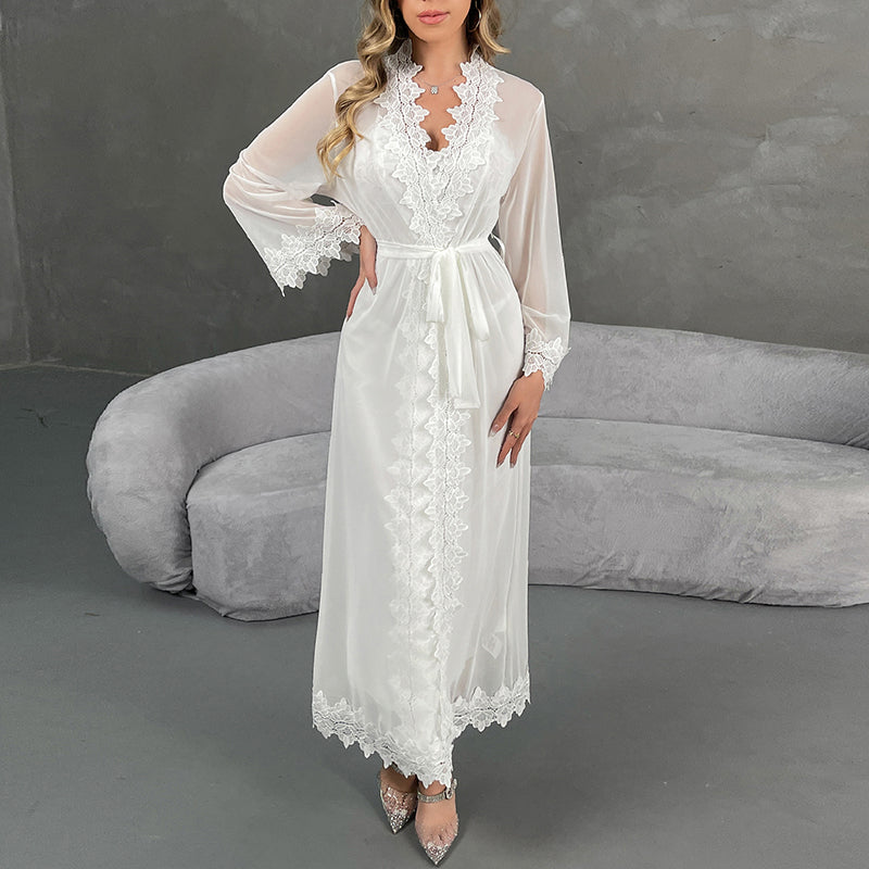 WF846 White Lace Bridal Robe Set - Sheer Chiffon Kimono & Satin Slip Nightgown