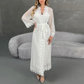 WF846 White Lace Bridal Robe Set - Sheer Chiffon Kimono & Satin Slip Nightgown