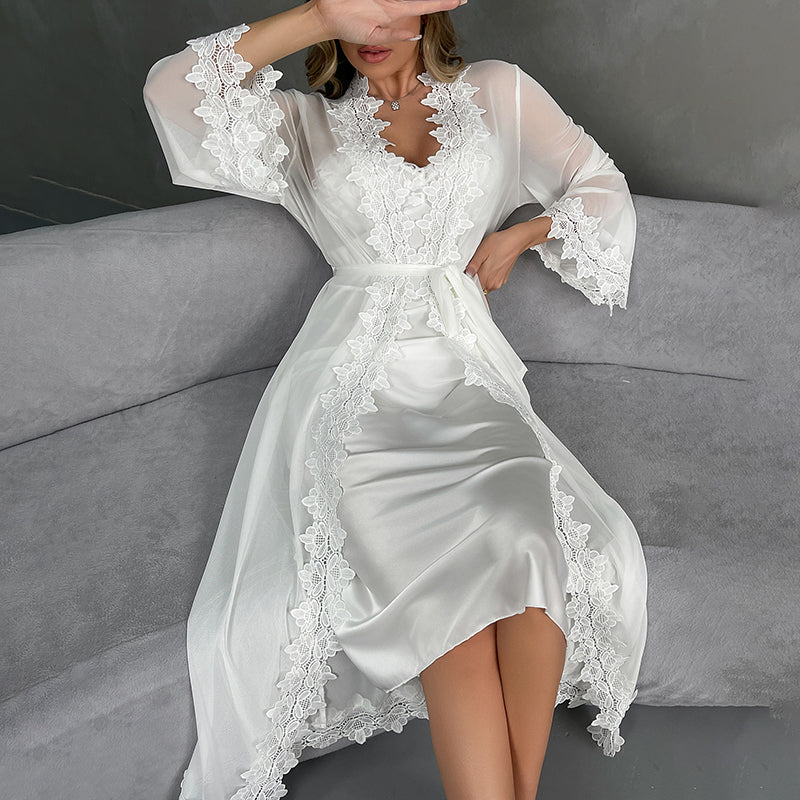 WF846 White Lace Bridal Robe Set - Sheer Chiffon Kimono & Satin Slip Nightgown